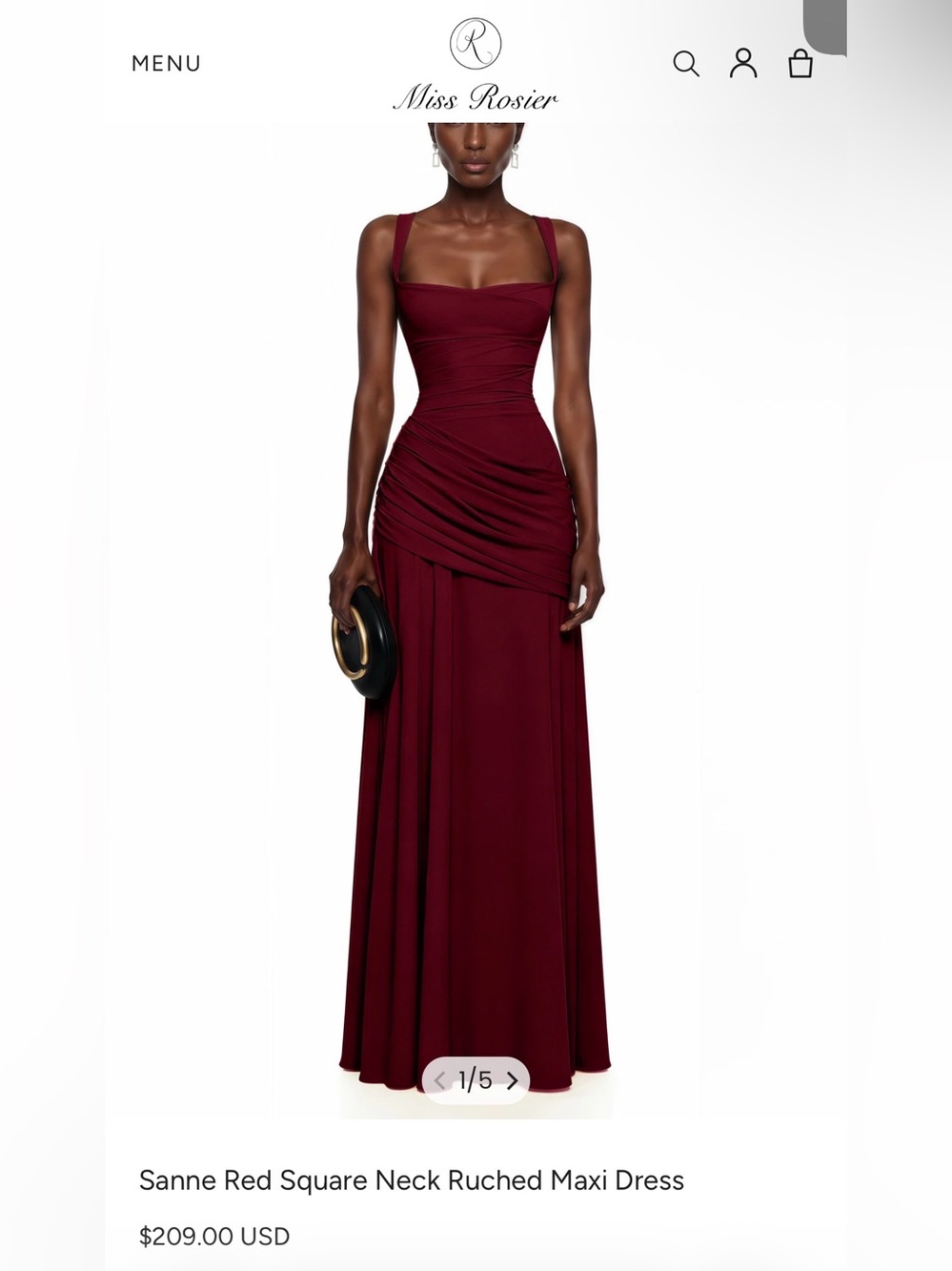 Sanne Red Square Neck Ruched Maxi Dress